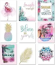 [Outus] Set of 9 Inspirational Prints Teen Girl Room Wall Art Flamingo Pineapple Leaf Motivational Phrases Posters Girls Bedroom Home Decorations Unframed