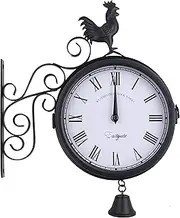 Amazlife Garden Wrought Iron Wall Clock, Outdoor Double-Sided Rooster Design Wall Hanging Clock with Bell, Vintage Roman Wall Clock for Garden Home Decoration (Black)
