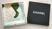 CHANEL Scarf Light Blue Silk Camelia Chain Women France 118683