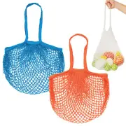 2-Pack Reusable Washable Mesh Net String Grocery Bags [Blue, Orange,Long Handle]
