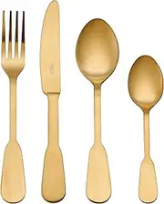 Mikasa Soho Gold 16-Piece Stainless Steel Cutlery Set - Matte Gold Finish | Rust-Resistant 18/0 Stainless Steel with Brass Coating | Includes 4 Knives, 4 Forks, 4 Dessert Spoons, and 4 Teaspoons