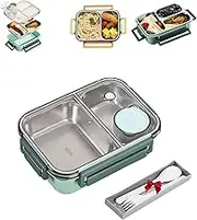 Escentio Stainless Steel Bento Lunch Box for Adults - Large Portable Box with Divided Compartments (Green-1, 2 Grid)