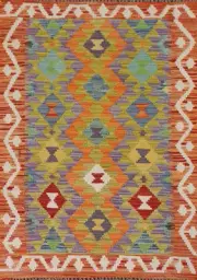Geometric Wool Kilim Accent Rug Pastel Color Flat weave Reversible Carpet 3x4