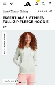 Women’s Adidas ESSENTIALS 3-STRIPES FULL-ZIP FLEECE HOODIE mint green size small