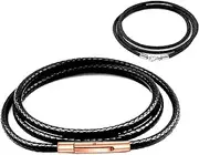 [Findout] 3mm black Waterproof Braided Leather Necklace With Rose Gold Stainless Steel bayonet Clasp Unisex Wax Rope Chain Necklace For Men Women Girl Boy 14-36inch & Free Steel Silk Chain