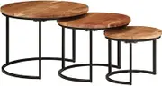 vidaXL 3-Piece Nesting Table Set - Solid Acacia Wood and Black Iron Frame, Round Side Tables for Bedroom, Living Room, Office - Natural Finish