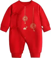 [Generic] Cute Newborn Infant Chinese New Year Onesie Kimono Tang Suit Red Long Sleeve Romper Jumpsuit Outfits for Baby Girl Boy (Red, 1-3 Months)