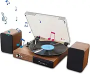 Bluetooth Vinyl Record Player System, CD Player, HiFi System with 3 Speed LP, Two 15W External Speakers, Ruby Stylus, Auto Stop, Plays 7", 10" and 12" Vinyl Record, Wood Finish