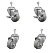 3.5 Inch SS Gray Polyurethane Swivel 3/8 Inch Threaded Stem Caster Set 2 Brake