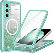 [Hekodonk] for Samsung Galaxy S23 FE Case Glitter,Compatible with MagSafe[Built-in Tempered Glass Screen Protector & Camera Lens Protection] Full Body Shockproof Protective Bling Phone Case,Green
