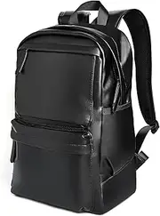 JADENIO Men Black PU Leather Backpack Fit 15.6inch Laptop Waterproof Carry On Utility Large Capacity Back Pack Rucksack Hiking Business Work, Black, Rucksack Backpacks