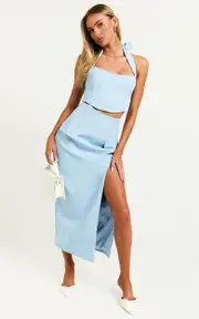 Davie Midi Skirt - High Waist Split Front Skirt in Ice Blue