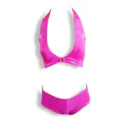 Bright pink, wet-look, shimmer, two-piece, halter bralette top+ underwear set OS