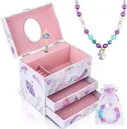 Anyiner Musical Jewellery Box for Girls - Ballerina Music Box with 2 Pullout Drawers, Kids Jewellery Box Gifts for Girls, Children Jewellery Box Birthday Presents for Ages 3-10