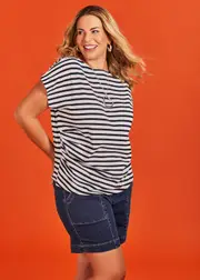 [Virtuelle] Taking Shape Cotton Drape Waist Stripe Top Size 26 in Black / OFF White - Plus Size Women's Clothing Black / Off White