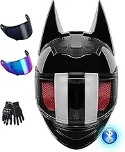 Women Full Face Bluetooth Bat Ear Motorcycle Helmet, Adult Flip Up Sun Visor Off-Road Motorcycle Helmet Motorcycle Anti-Collision Helmet ECE Certification
