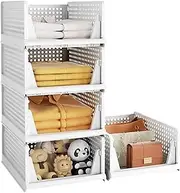 5 Pack Stackable Plastic Storage Basket, Foldable Closet Organizers and Storage Box Bins Drawer Shelf Storage Container for Cupboard Wardrobe Kitchen Bathroom Office, X-Large