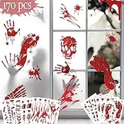 Halloween Decorations 170 PCS Window Clings, Bloody Handprint Footprint Wall Decal Floor Clings With Tattoo Stickers, Scary Halloween Decoration Window Stickers (WSTZ)