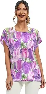[RPLIFE] Pink Purple Tulips Watercolor Ladies Tops Loose Sleeve Blouse, S-XXL Flowy Sleeve Top