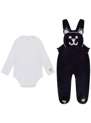 GUESS White Bodysuit and Bear Overall Set Size: 12M, Cotton