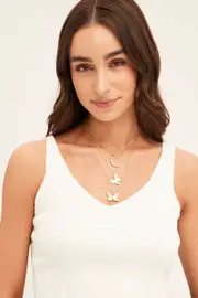 Gold Butterfly And Moon Pendent Layered Necklace - Size ONE, Women's Ring