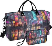 [ZRYSMY] Duffel Bag for Traveling, Cyberpunk City Street Travel Bag Gym Bag, with Multiple Interior Pockets Shoulder Weekender Bag for Women Men with Toiletry Bag 20.5L x 1.9W x 13.8H, Multi-Colored