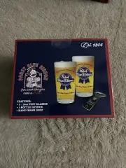 Pabst Blue Ribbon Pint Set w Bottle Opener 2 16oz Beer Pint Barware Glasses OB