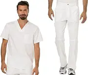 [Cherokee] Premium Scrub Set for Men Modern Fit V-Neck Top WW690 with Tapered Leg Button Closure & Inside Drawstring Pant WW140