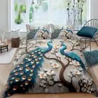 Peacock Bedding Set White Flowers Duvet Cover King Brown Branch Flowering Duvet