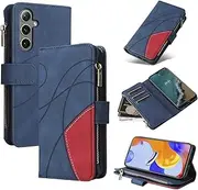 Design Piece of Leather-Like Wallet Phone Case for Samsung Galaxy S24 with 5 Card Slots, Zipper Pocket, Kickstand and Magnetic Lock (Darkblue)