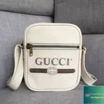 二手精品 GUCCI 古馳 男女同款 白色 印花拉鏈 郵差包 斜跨包 肩背包 523591