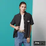 JEEP 女裝 品牌貼布繡細格紋短袖襯衫-黑