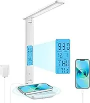 Desk Lamp LED Dimmable with Clock Desk Lamp 3 Colours and 5 Brightness Levels Eye-Friendly Bedside Lamp Wireless Charging and USB Connection Smartphone Bedside Lamp Wireless Charger Table Lamp