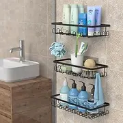Shower Caddy with 36 Hooks, Adhesive Shower Organizer with Large Capacity, Rust Proof Shower Shelves Drill Free, for Bathroom Storage & Home Decor, Black