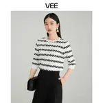 大洪洪正品自營店VEE【棋盤格】夏季女時尚休閒條紋圓領七分袖針織衫