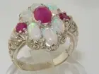Solid 925 Sterling Silver Natural Ruby & Fiery Opal Art Nouveau Style Ring
