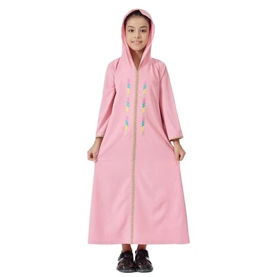 Kids Girls Hooded Long Dress Embroidery Modest Abaya Islamic Prayer Maxi Robe