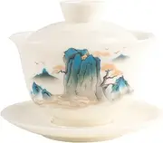 [SILINE] Classic China Gaiwan Tea Bowl with Lid and Saucer,White Porcelain Teacup Set for Brew Kung Fu Tea (Landscape)