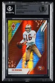 Joe Montana Signed On Sticker 2021 Panini Phoenix #82 Fire Burst (Beckett Encaps