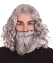 Men's Biblical Grey Wig, Beard, Mustache Set For Cosplay Halloween Party