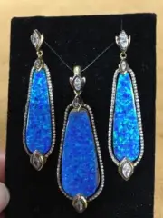 Sterling Silver Gold Vermeil Blue Green Gilson Opal Oblong Earring & Pendant Set