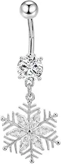 [NewZenro] 14g Snowflake Surgical Steel Clear CZ Xmas Belly Button Ring Navel Rings for Women Cute Winter Flower Dangle Screw Studs Barbell Piercings Sexy Jewelry Christmas Party Gift Her Daughter