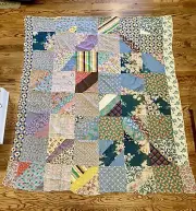 Hand Stitched Vintage Fabric Scraps Quilt Top 85” X 70”