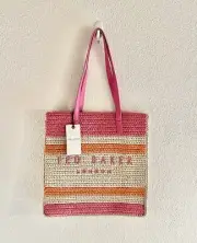 Ted Baker Skye 652 Raffia Striped Large Tote Bag Fuchsia Pink/Light Beige/Orange