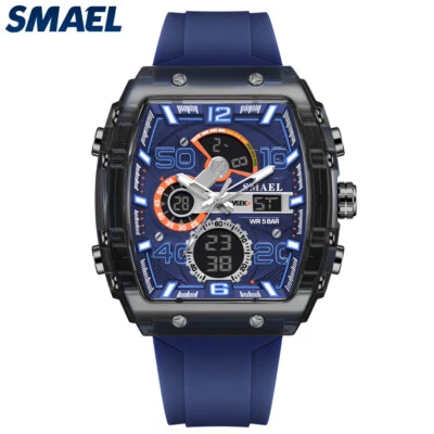 SMAEL Men Sport Watch Rectangle Digital Military Stopwatch Boys LED Wristwatch