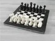 Black and White Full Stone/Marble 12" Chess Board Game Set with Pieces