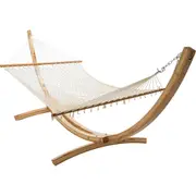 12 ft Natural Wooden Arc Hammock Stand & Resort Polyester Rope Hammock