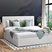 Oikiture Gas Lift Bed Frame Double Size Bed with PU Leather and Storage Place White