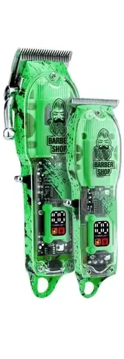 Professional Hair Trimmer for Men 2 Pieces Set Electric Cordless Salon Shaver with Visual Body and Fashion Print-Green