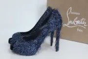8.5 39 Christian Louboutin Very Prive 120 Peep Toe Blue Glitter Velvet Pump Shoe